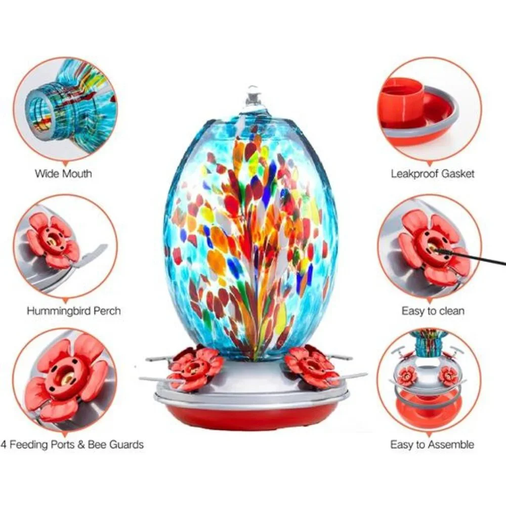 Garden Glass Humming Bird Feeders for Outdoors - 27OZ Blown Glass Feeder